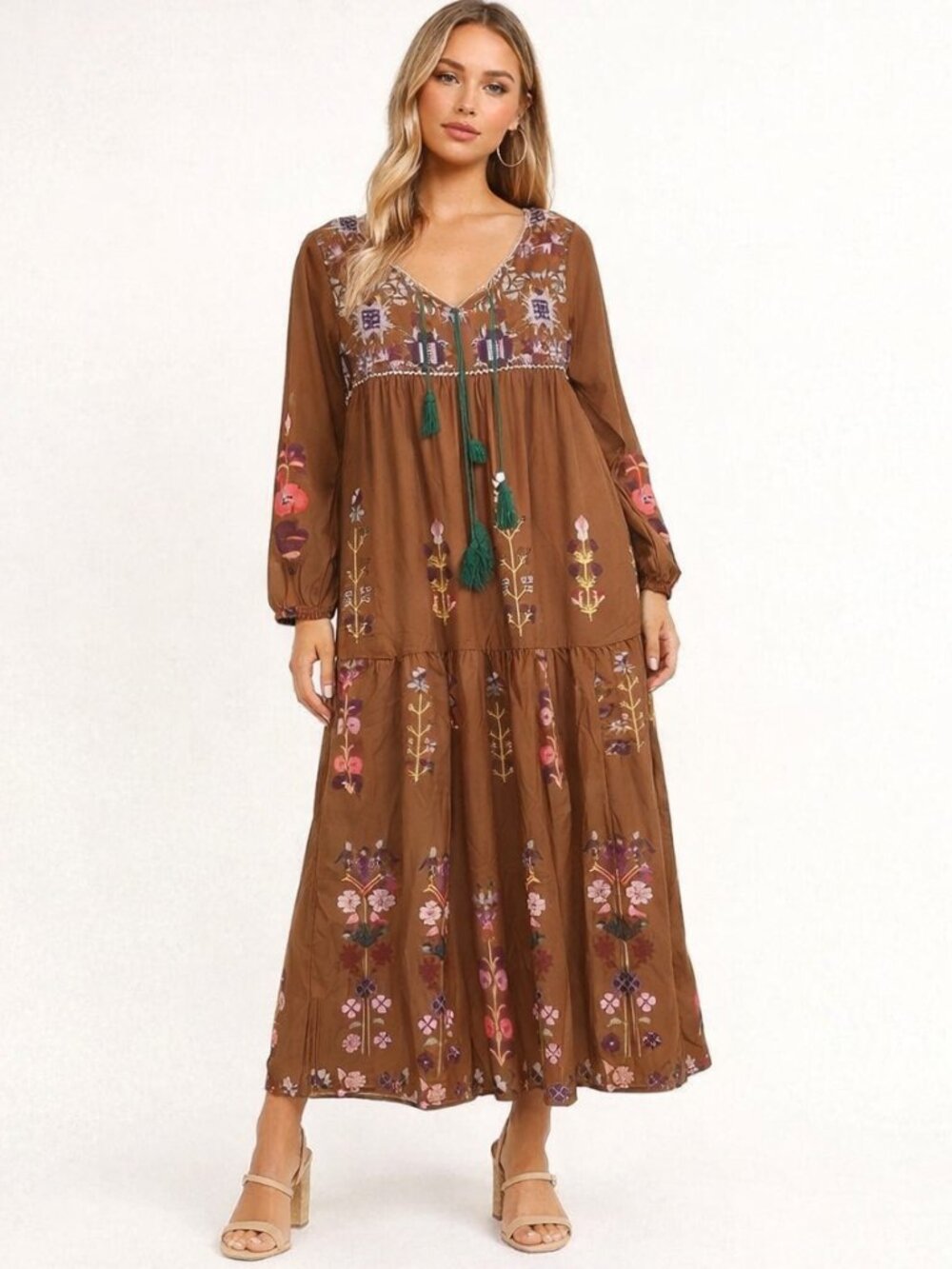 Brown Boho Floral Maxi Dress with Tassel Tie Long Sleeve Size Small